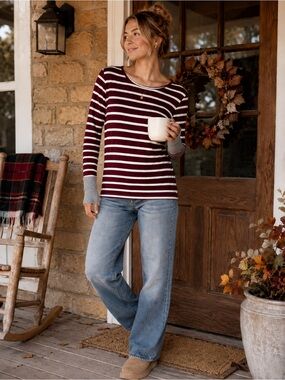 Wishful Park Burgundy Stripe Thumbhole Long Sleeve Top XL Cozy Fall Tee